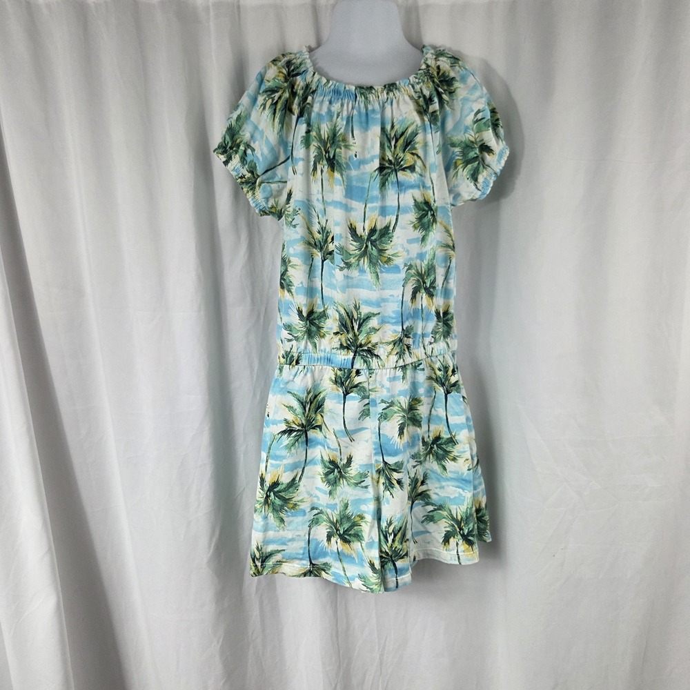 Old Navy Girls Size Large Romper Elastic Waist Blue Green Plam Tree Print